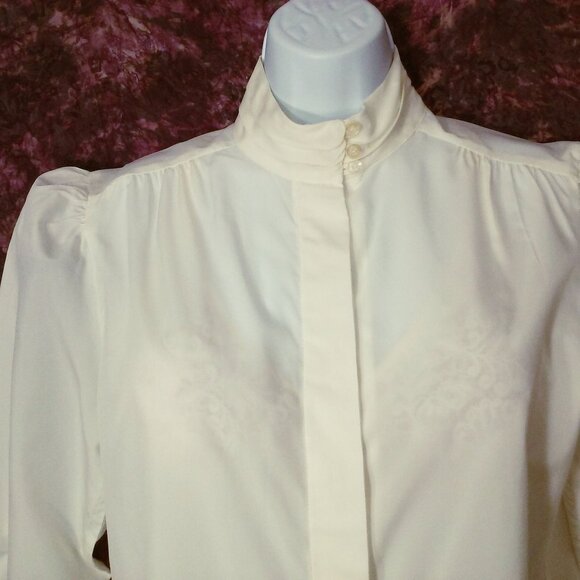 Vintage 80s Jonathan Logan Blouse Top -10 Buttons Pleats MockNeck Puff LSL Ivory - Picture 3 of 9